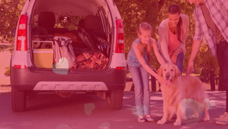 animation of heart icons floating over pet dog with caucasian family