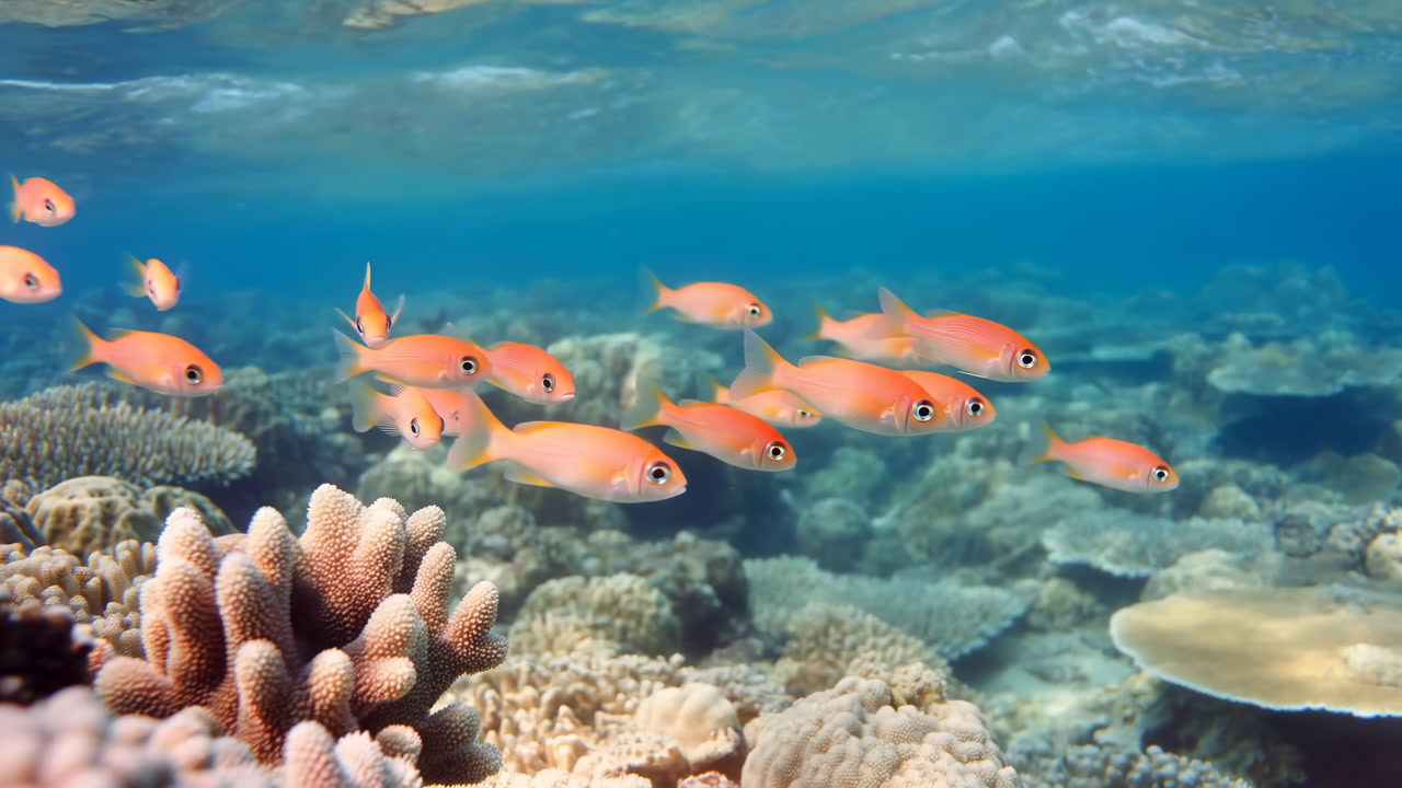 Underwater Coral Reef With Orange Fish Gliding Over Coral Beds, Sunlight Filtering Through Turquoise Water,