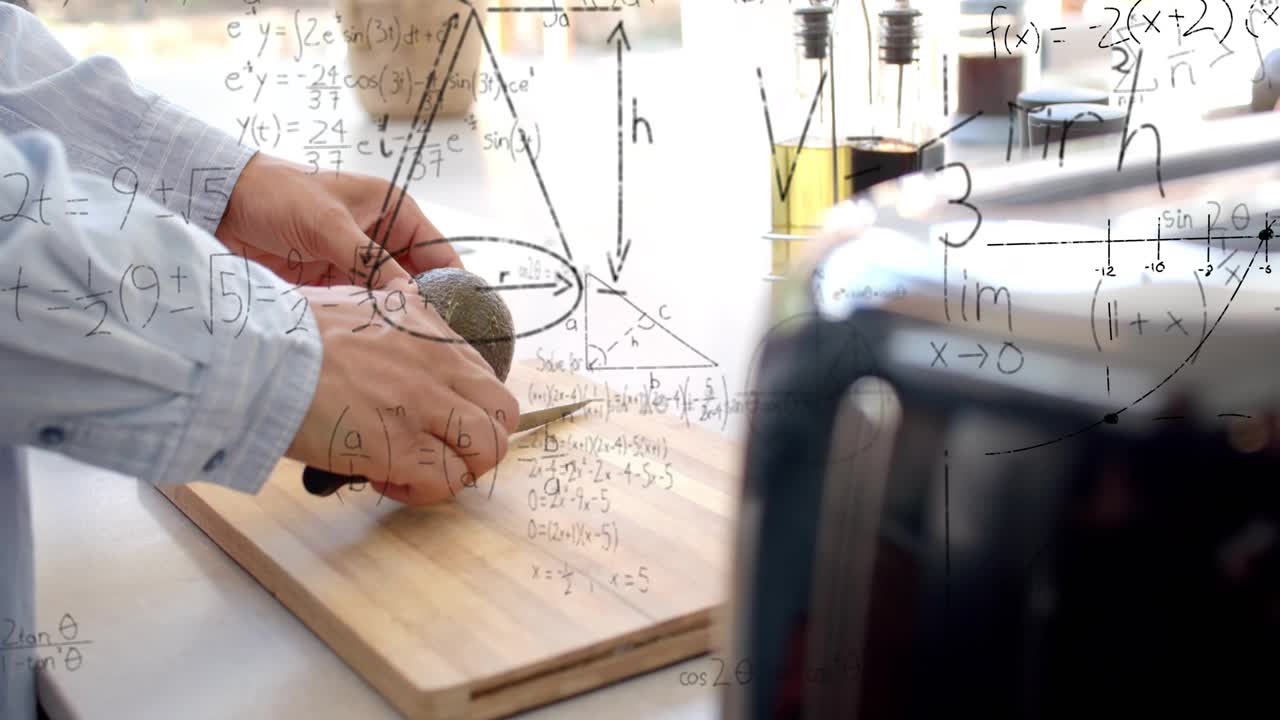 Man placing avocado on board, slicing around pit preparing food as tech math overlays building