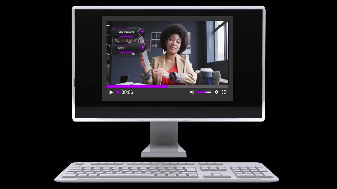Animation of social media screen on computer over african american woman making video blog