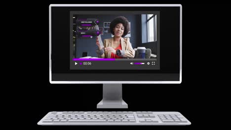 animación de la pantalla de las redes sociales en la computadora sobre una mujer afroamericana haciendo un video blog