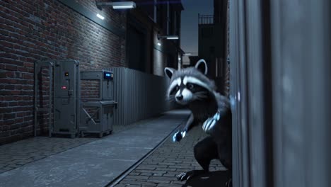 raccoon in a cyberpunk alley at night