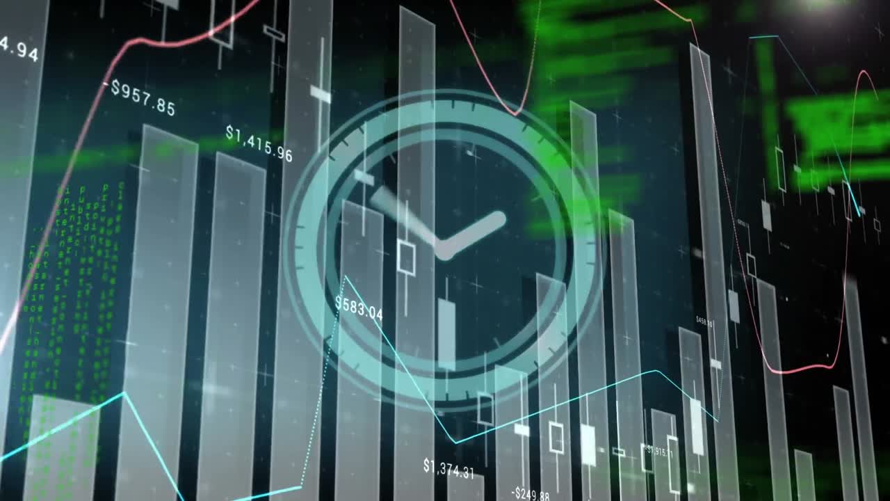 Animation of neon ticking clock icon and statistical data processing ...
