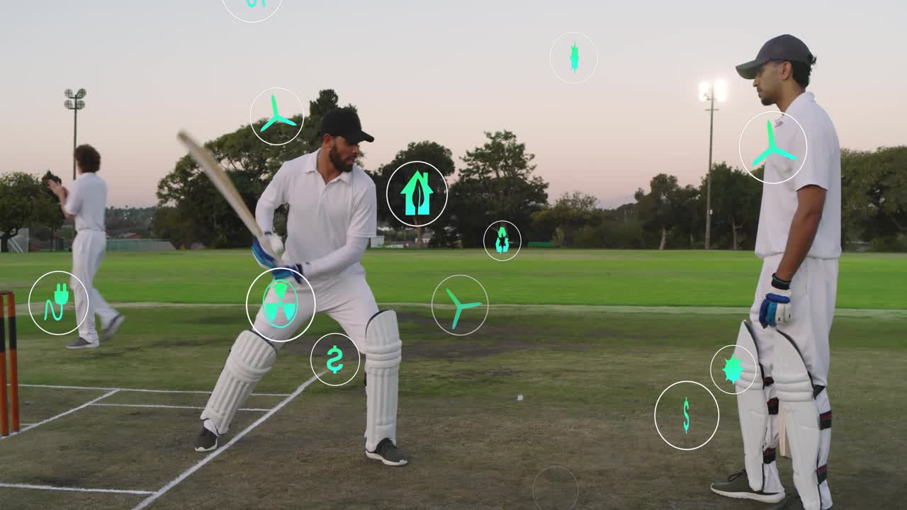 Giocatori di cricket che si allenano con la mazza, battitore che sposta il peso facendo oscillare la mazza mentre icone verdi fluttuano intorno