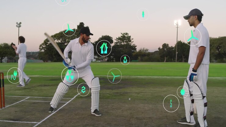 Giocatori di cricket che si allenano con la mazza, battitore che sposta il peso facendo oscillare la mazza mentre icone verdi fluttuano intorno
