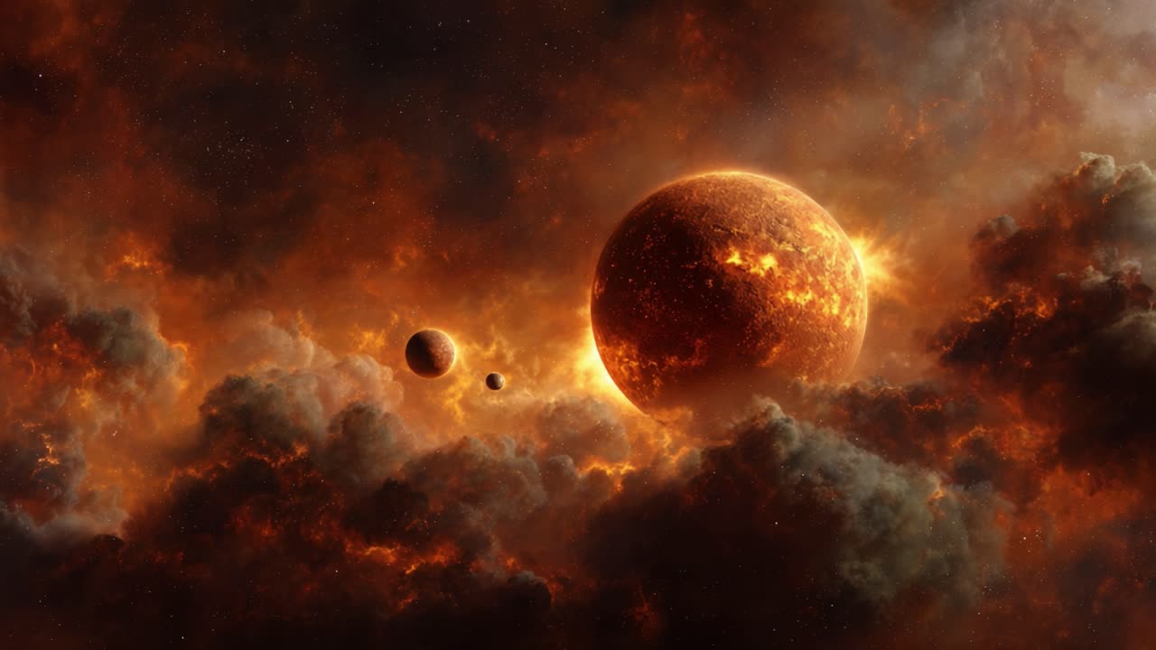 A Stunning Cosmic Scene Featuring a Brilliantly Lit Planet Surrounded by Multiple Orbs and Billowing Clouds in a Fiery Nebula Landscape