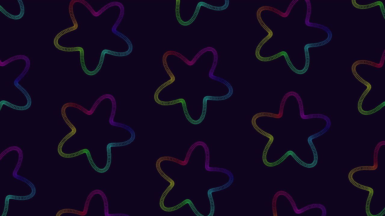 Abstract black and white pattern with vibrant rainbow lines in various shapes like triangles and squares. The lines flow in a zigzag arrangement, creating an eye-catching visual effect