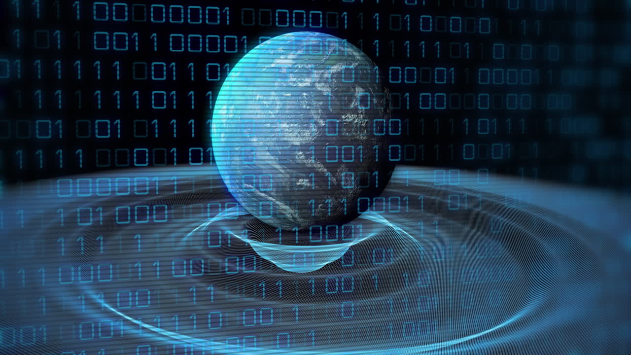 Animation of binary coding and data processing over globe