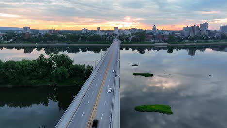 Aerial-establishing-shot-of-Harrisburg-PA-at-sunrise