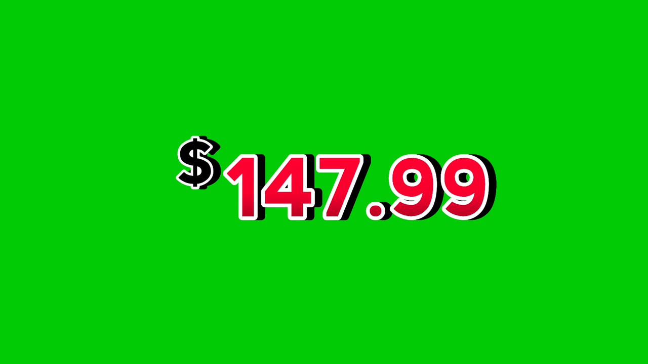 Animation red $147.99 dollars price tag motion graphics with smoke effects on green screen background. Perfect for ads, e-commerce, retail, discounts, and promo videos business concept video element