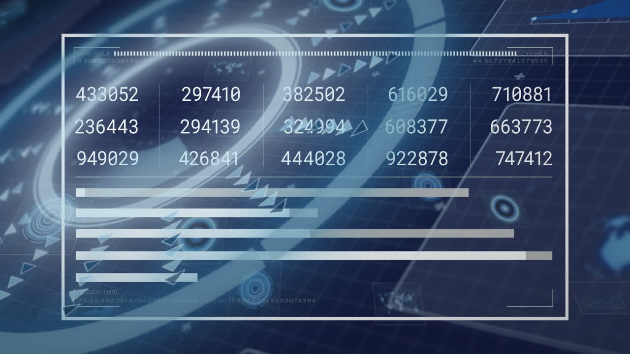 Animation of digital data and bar graphs on blue technology interface
