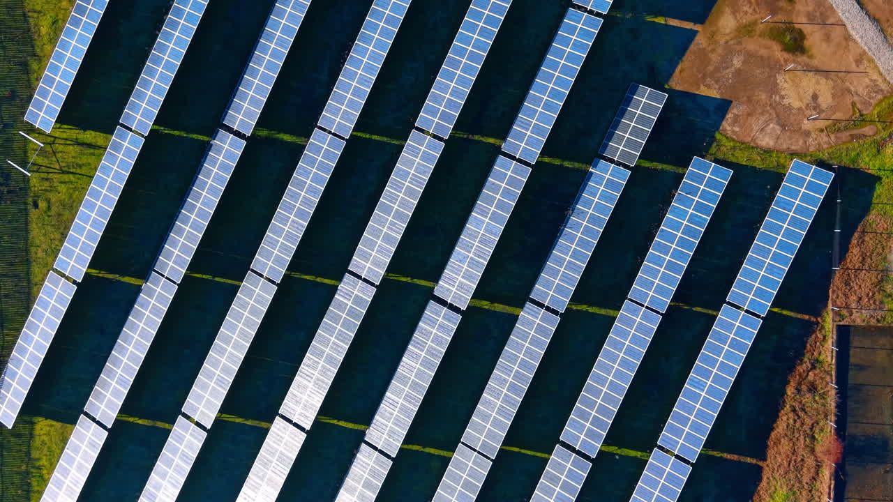 I pannelli solari coprono una vasta area di campo. I pannelli solari sono disposti in file su un vasto campo sotto cieli sereni. La configurazione evidenzia l'attenzione all'energia rinnovabile.
