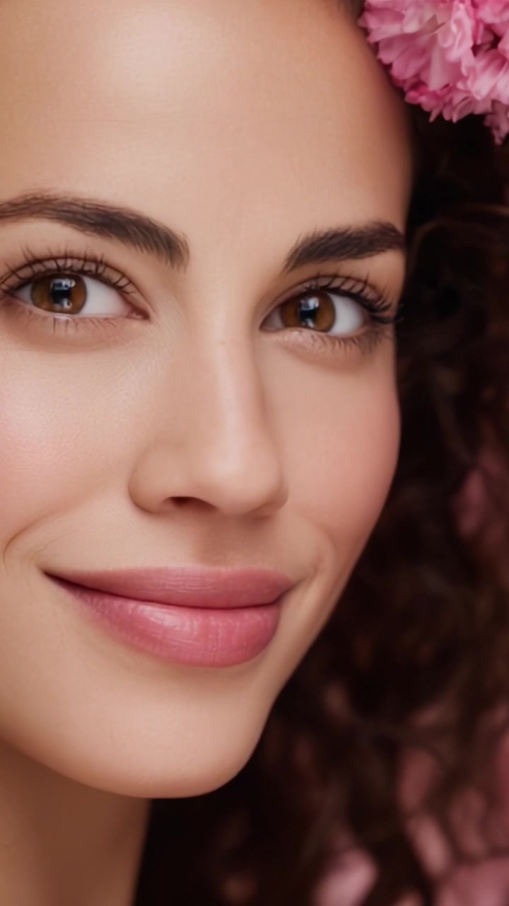 Close-up Portrait of a Young Woman with Beautiful Skin and Floral Accents, Radiating Confidence and Natural Beauty with a Soft Pink Background