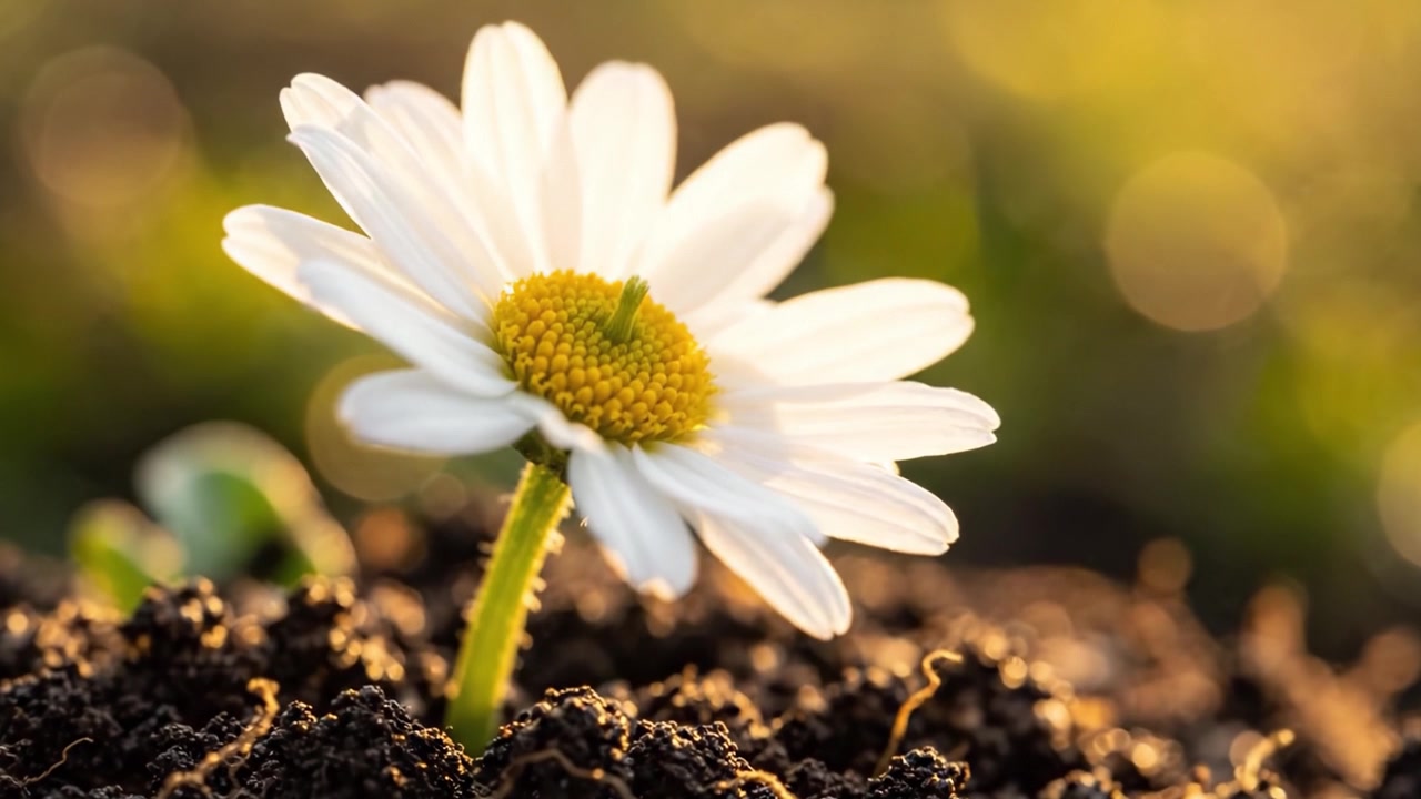 Una hermosa margarita emergiendo de tierra fértil, bañada en luz cálida, simbolizando resiliencia y nuevos comienzos en el abrazo de la naturaleza.