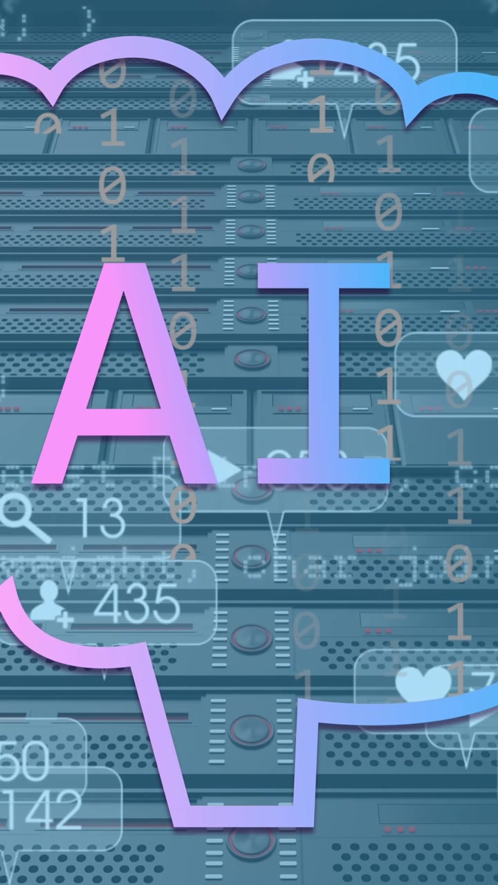 Animazione di elaborazione dati AI con icone e server di computer