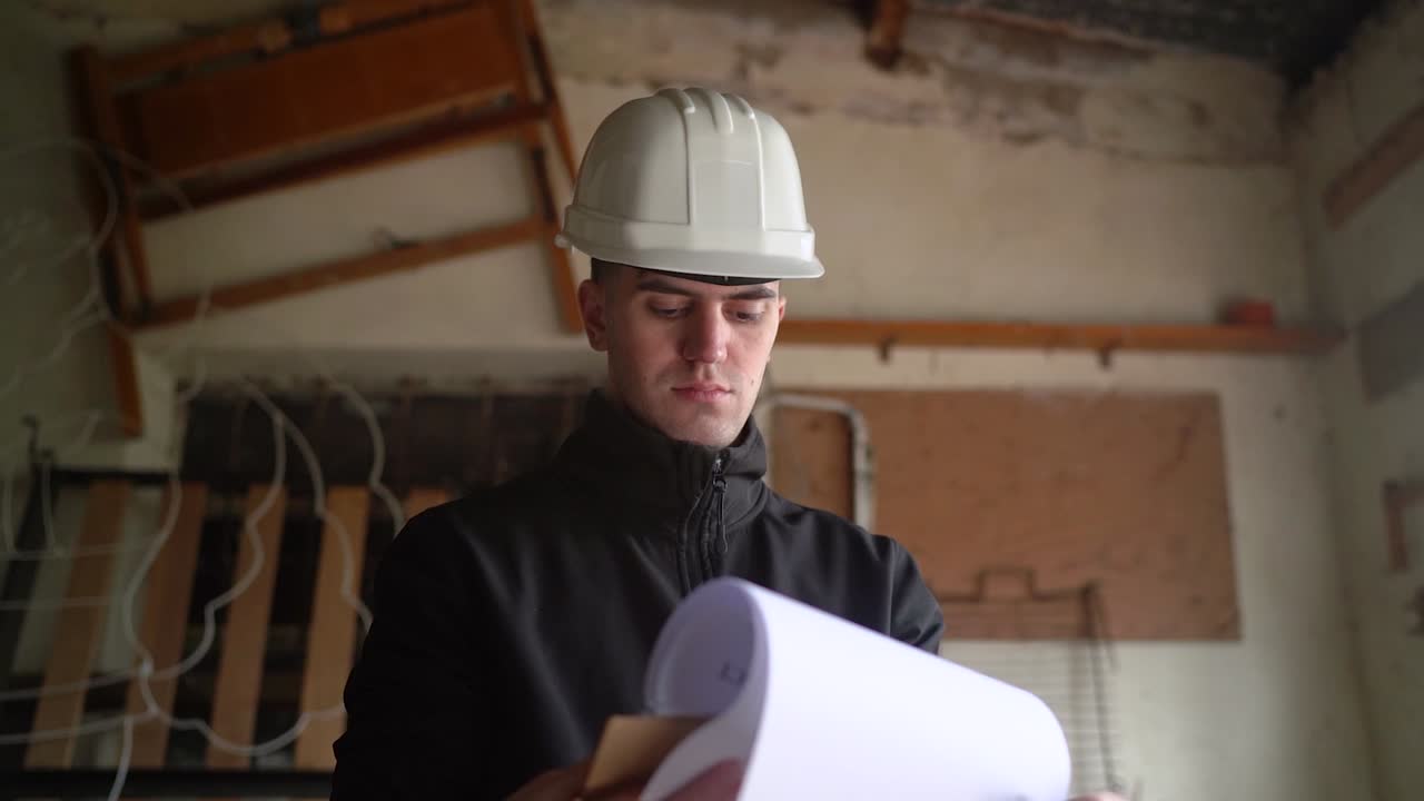 joven inspector de la casa con un clipboard, comprobando los detalles de una casa para la reconstrucción