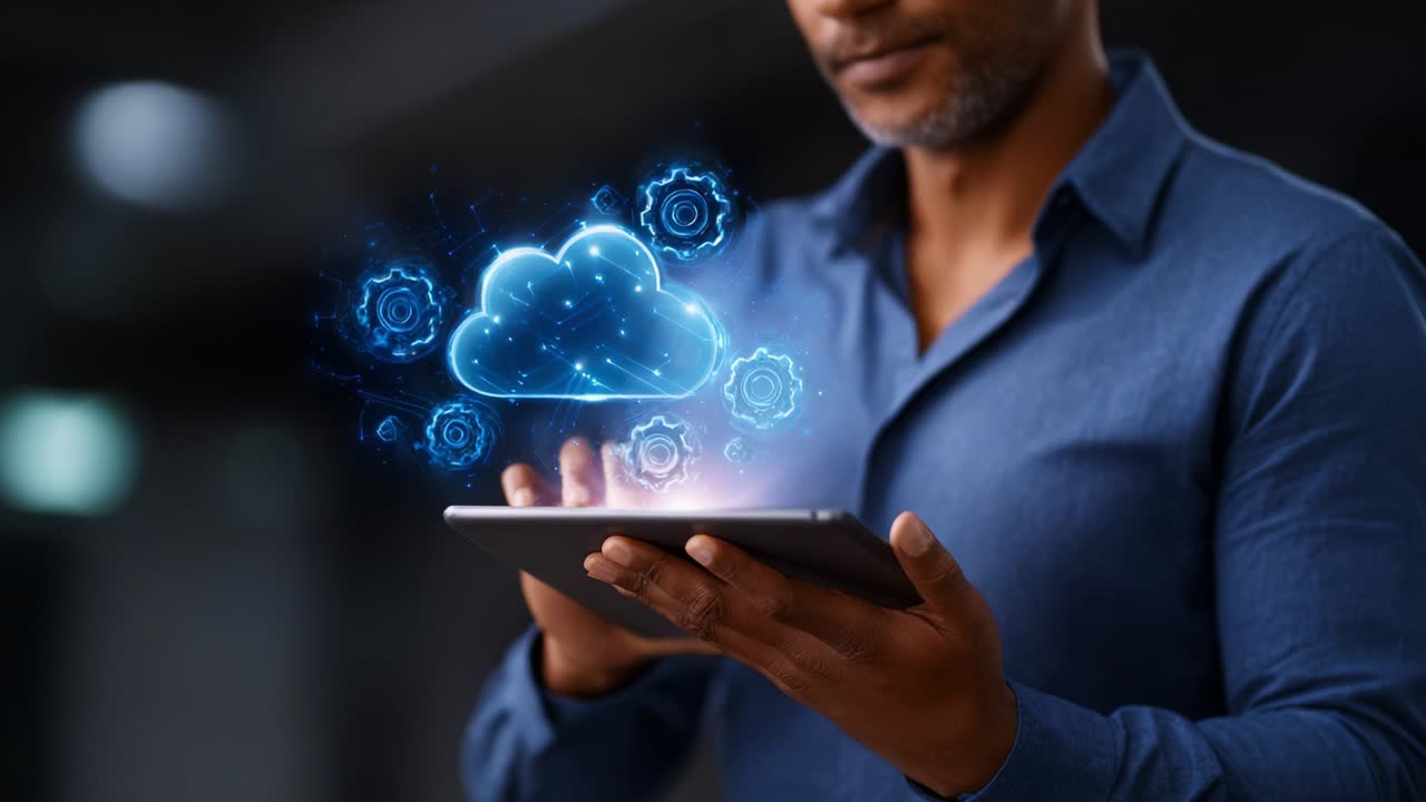 A man engages with innovative cloud technology through a tablet device, showcasing digital connectivity and modern data management skills in a visually striking and futuristic manner
