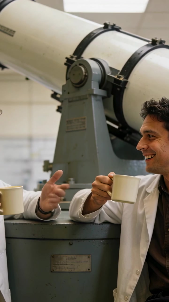Video verticale: Mettendo in pausa il lavoro, due colleghi in camice bianco che brindano con le tazze accanto a un telescopio.