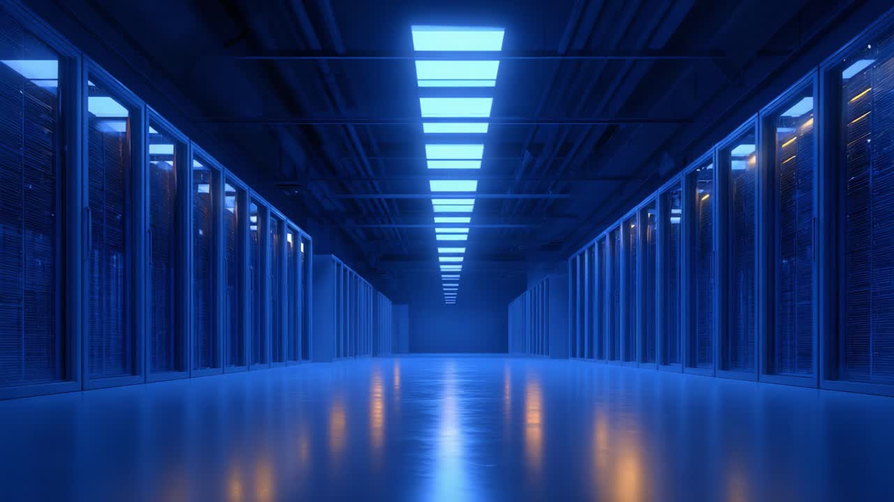 Una vista panoramica di un moderno data center con rack server illuminati e pavimenti riflettenti, catturata in luce blu per un'estetica high-tech di grande impatto.