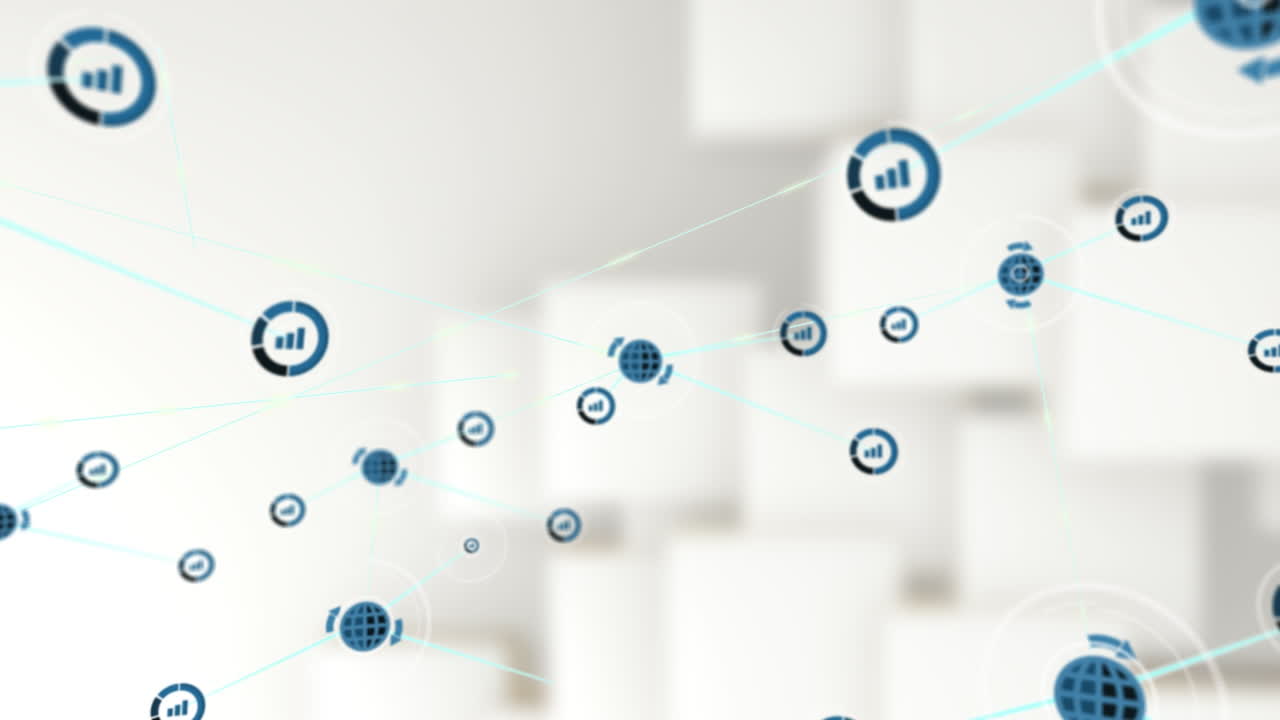 Animation of network of connections with icons over white background