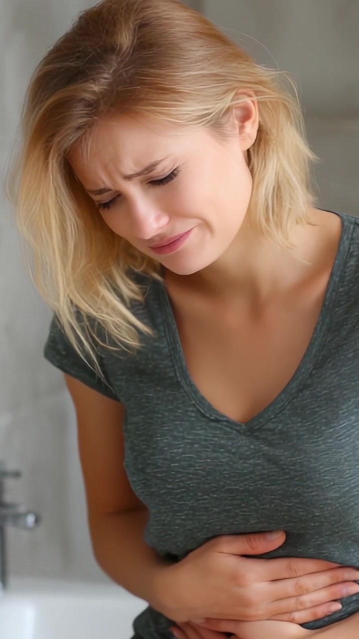 Una donna in difficoltà affronta il disagio mentre si stringe lo stomaco in un momento vulnerabile e carico emotivamente, evidenziando il suo dolore e la sua sofferenza.