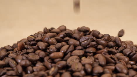 coffee beans falling on jute canvas background