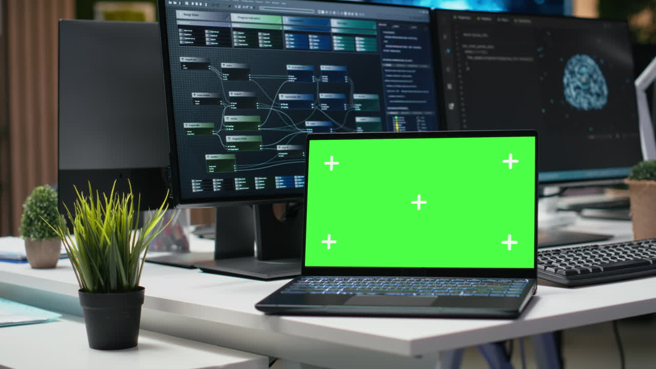 Tomt kontorbord med bærbar computer med grøn skærm og skærme