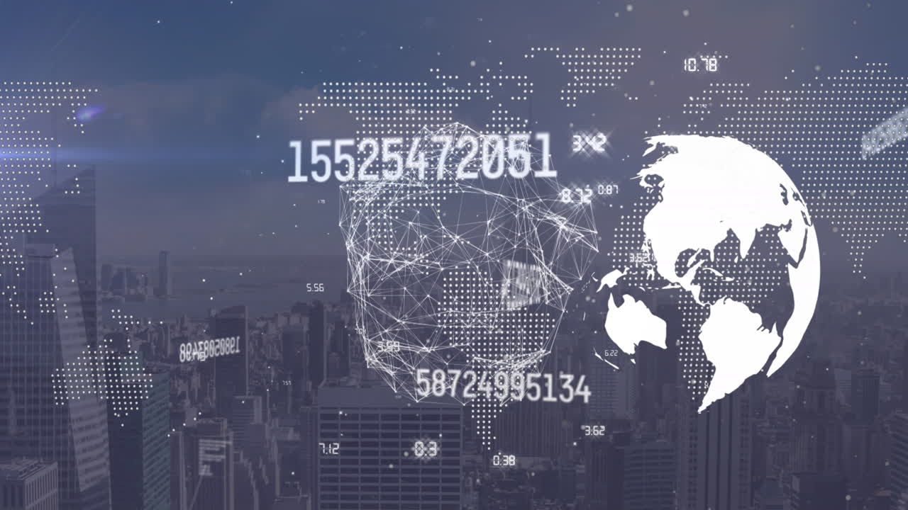 지구, 지도, 변화하는 숫자 및 현대 도시 풍경에 대한 연결된 점의 애니메이션