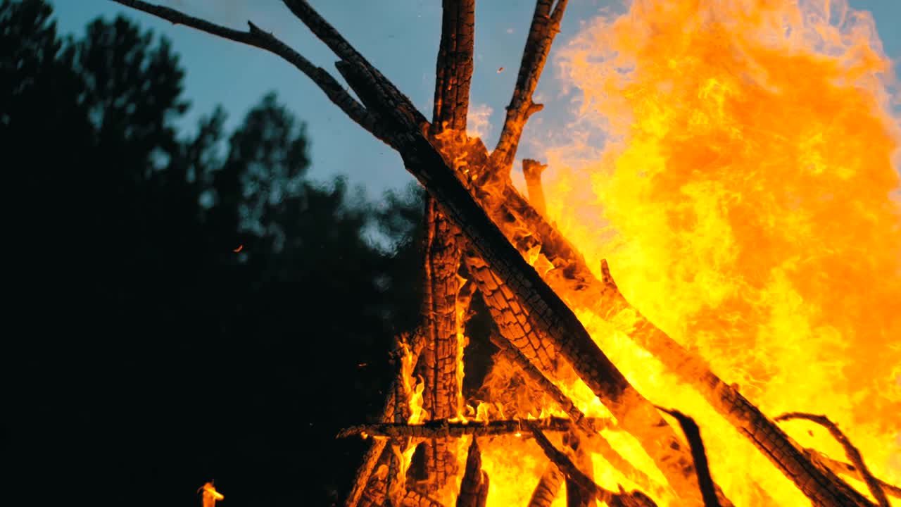 큰 캠프 불은 밤에 숲에서 나가지에서 불타고 있습니다.