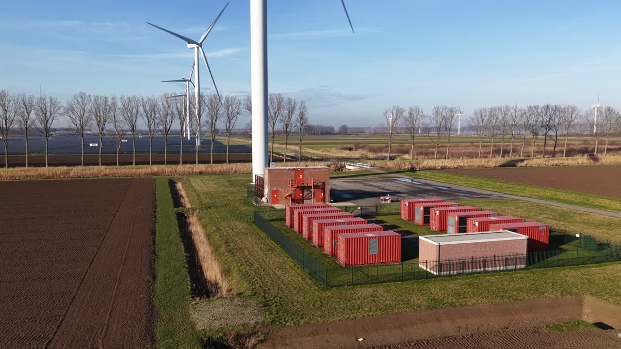 Aerial drone video of the Haringvliet Zuid Energy Park in South Holland, Europe’s largest hybrid energy park, combining wind turbines, solar panels, and battery storage for sustainable power generatio