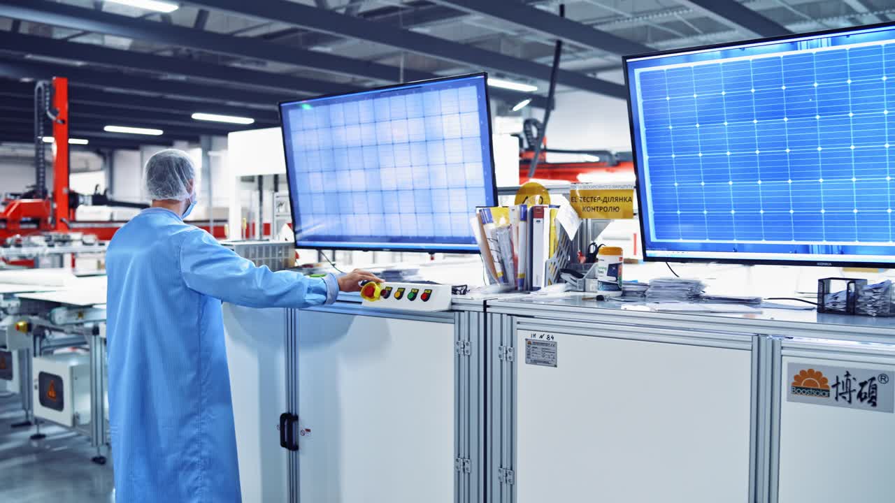 Modern technologically advanced factory. Workers adjust the operation of industrial machine on the big screen at industrial plant.