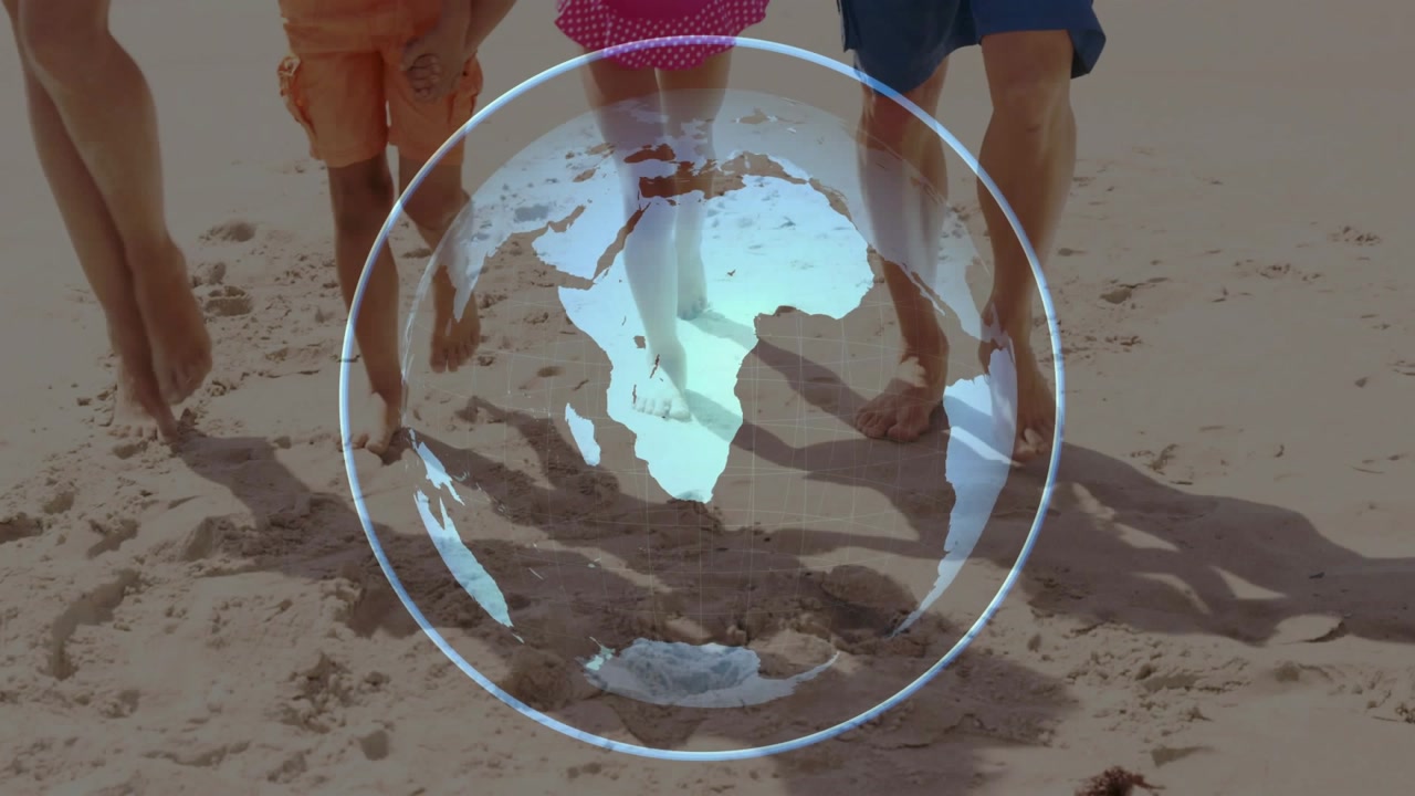 Rotating globe overlay appearing, family walking, leaving footprints, showing global link
