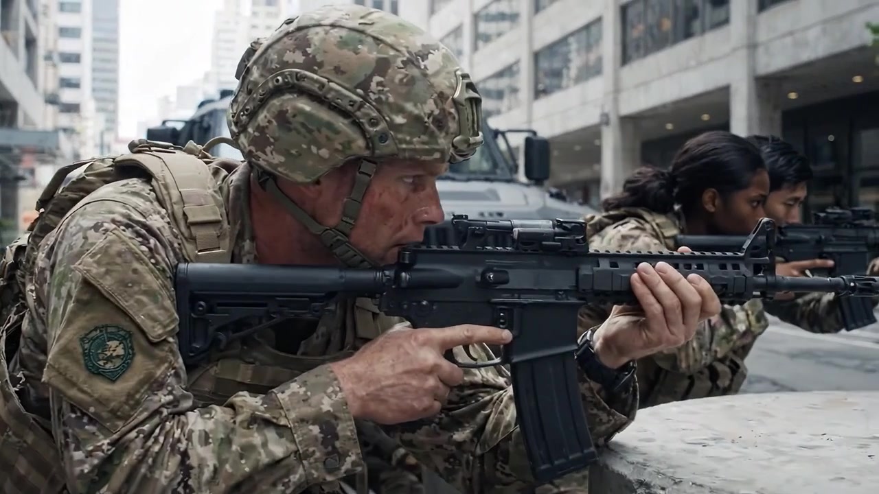 Scenario di combattimento urbano intenso con soldati e veicolo blindato in un paesaggio urbano moderno e crudo durante operazioni tattiche.