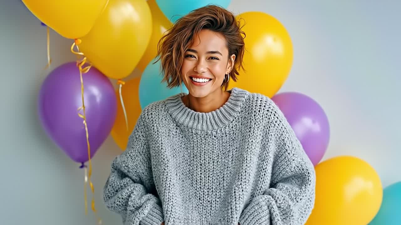 A woman standing in front of a bunch of balloons