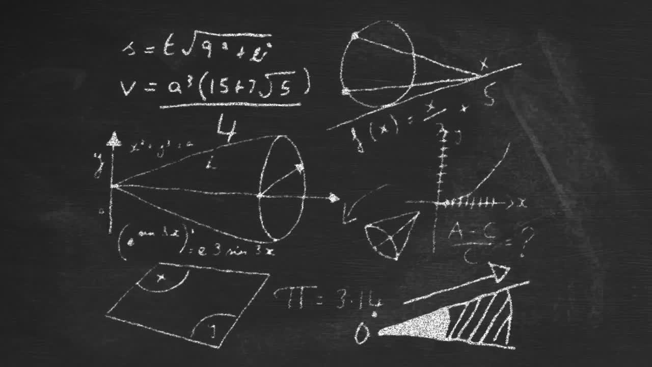 검은색 판판 배경에 움직이는 수학 수식의 애니메이션