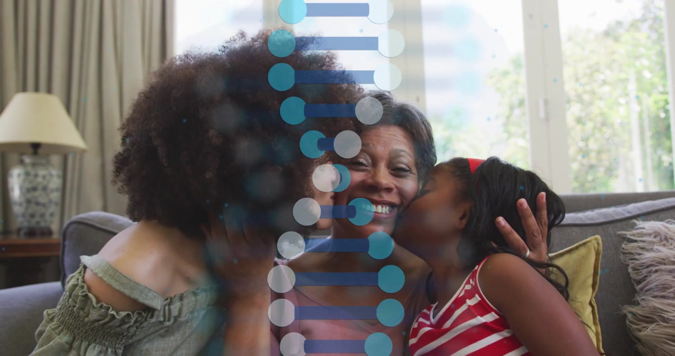 Animated graphic appearing, three family members leaning toward grandmother on sofa, kissing cheeks