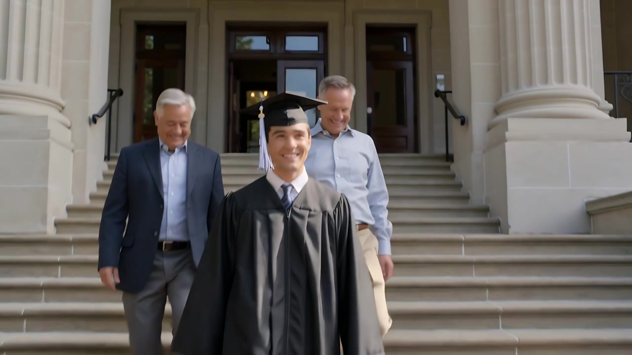 Pulling back shot showing graduate wearing cap and gown walking down steps at campus, celebrating