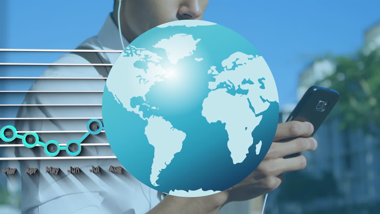 animación del procesamiento de datos y el mundo sobre el hombre biracial usando un teléfono inteligente