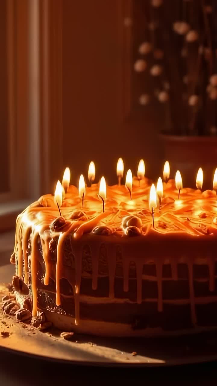 Vertical video: Camera framing round chocolate cake, caramel dripping and candles flickering