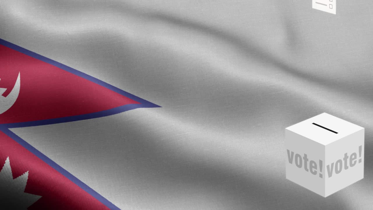 las papeletas de votación vuelan a la caja para la selección de nepal - caja de votación frente a la bandera - elección - voto - bandera de nepal - bandera de nepal de alto detalle - bandera nacional de nepal patrón de ondas elementos loopables - textura de tela y bucle sin fin
