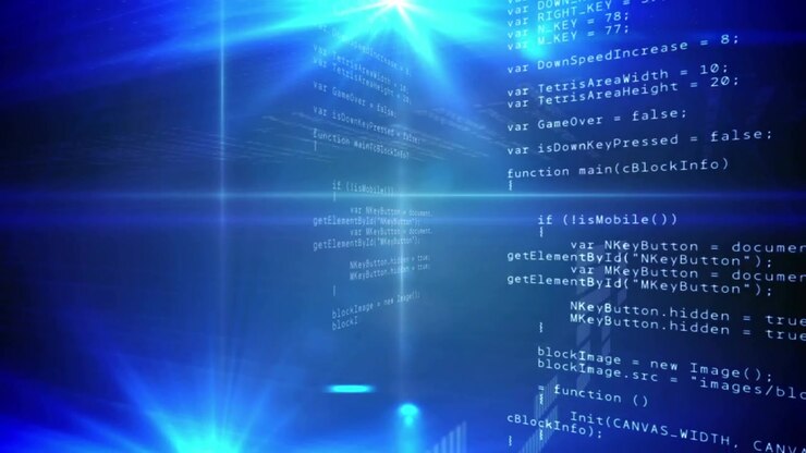 Animation of data processing and binary coding on blue background