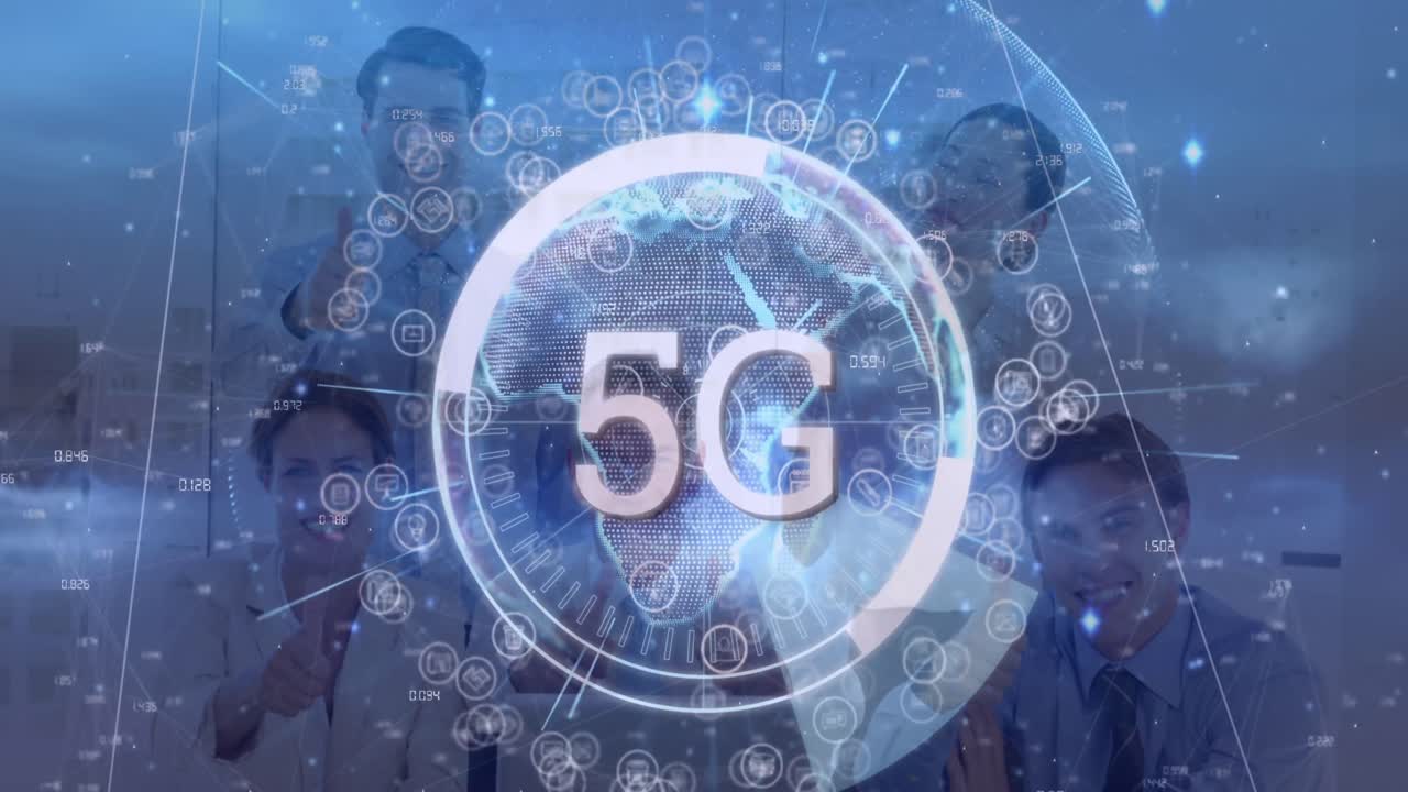 animación de texto e iconos de 5g sobre diversas personas de negocios en la oficina
