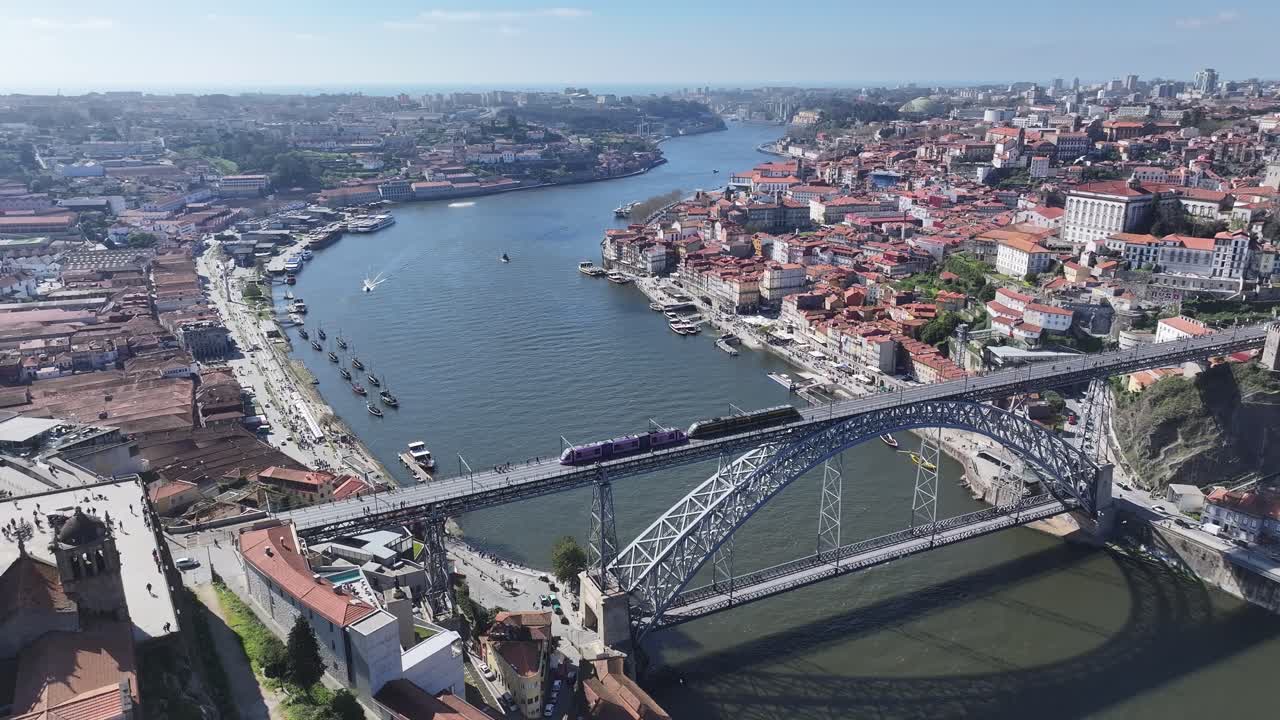 Luis I Bridge At Porto In Porto District Portugal. Downtown Cityscape. Railway Bridge. Railroad Scenery. Luis I Bridge At Porto In Portugal. Tourism Landmark