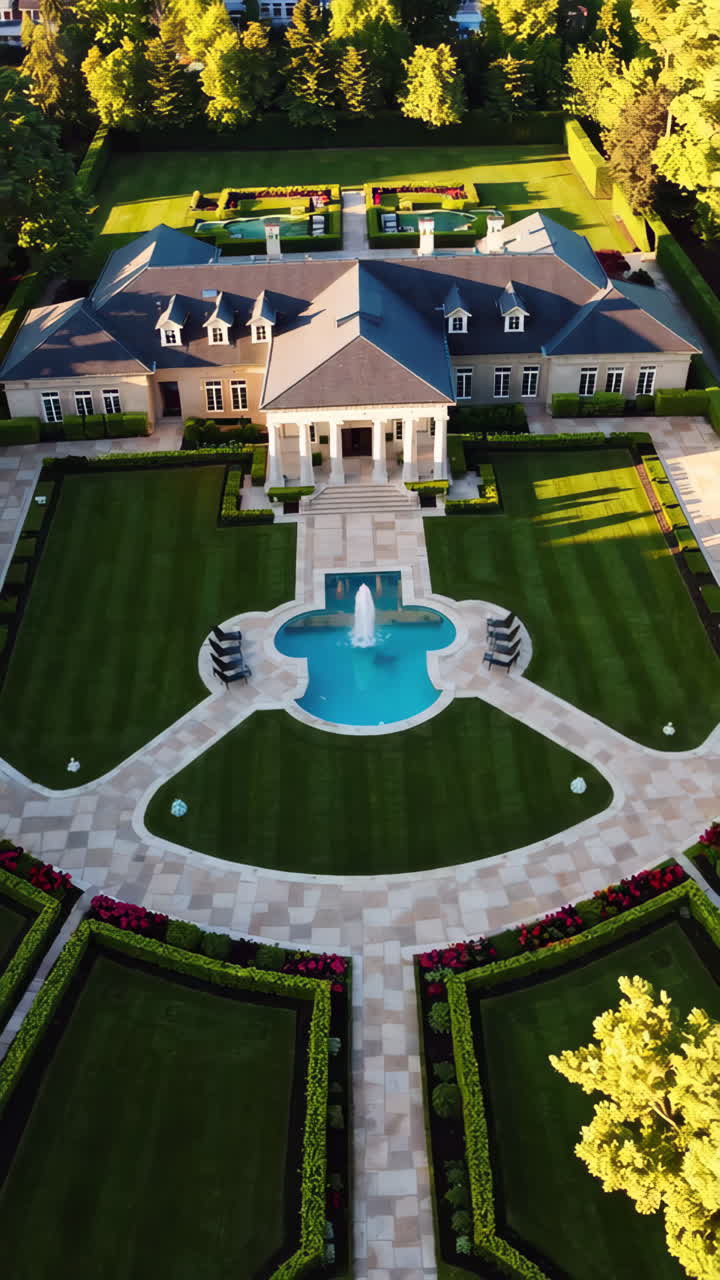 Aerial View of a Grand Luxury Mansion with Expansive Gardens and Fountain