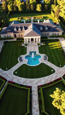 aerial view of a grand luxury mansion with expansive gardens and fountain