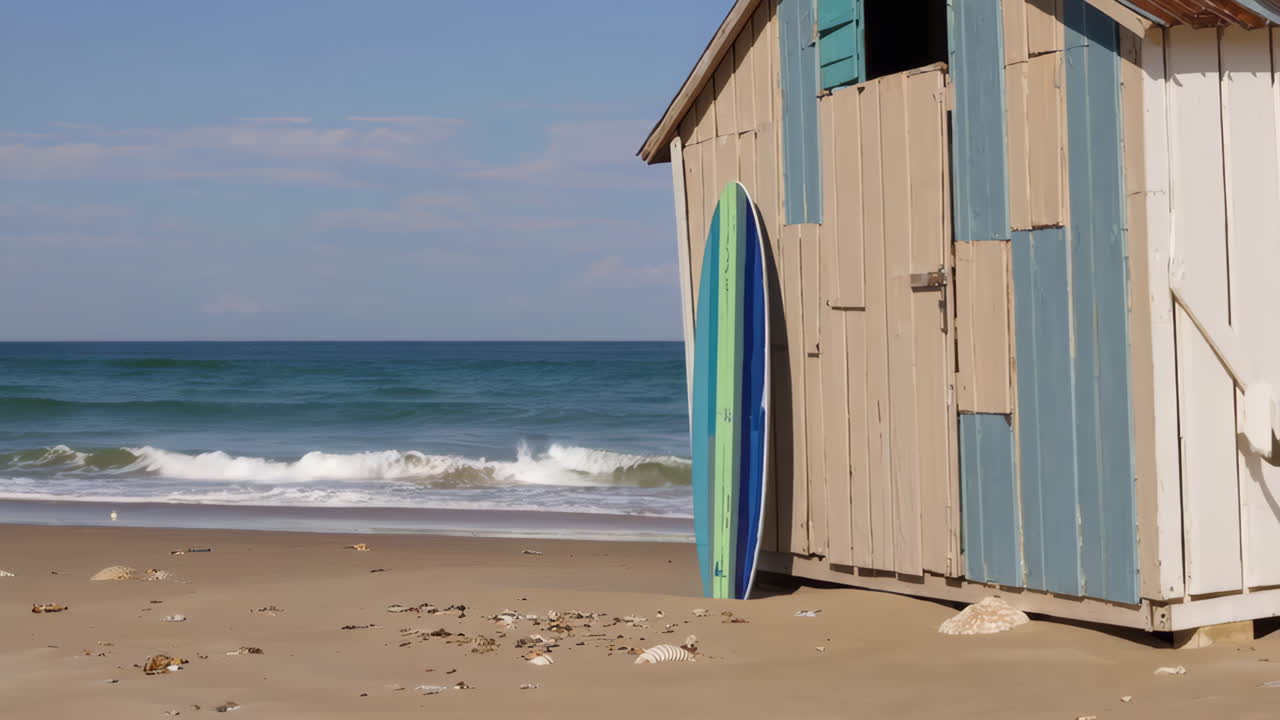 Beach Scene with Surfboard and Waves