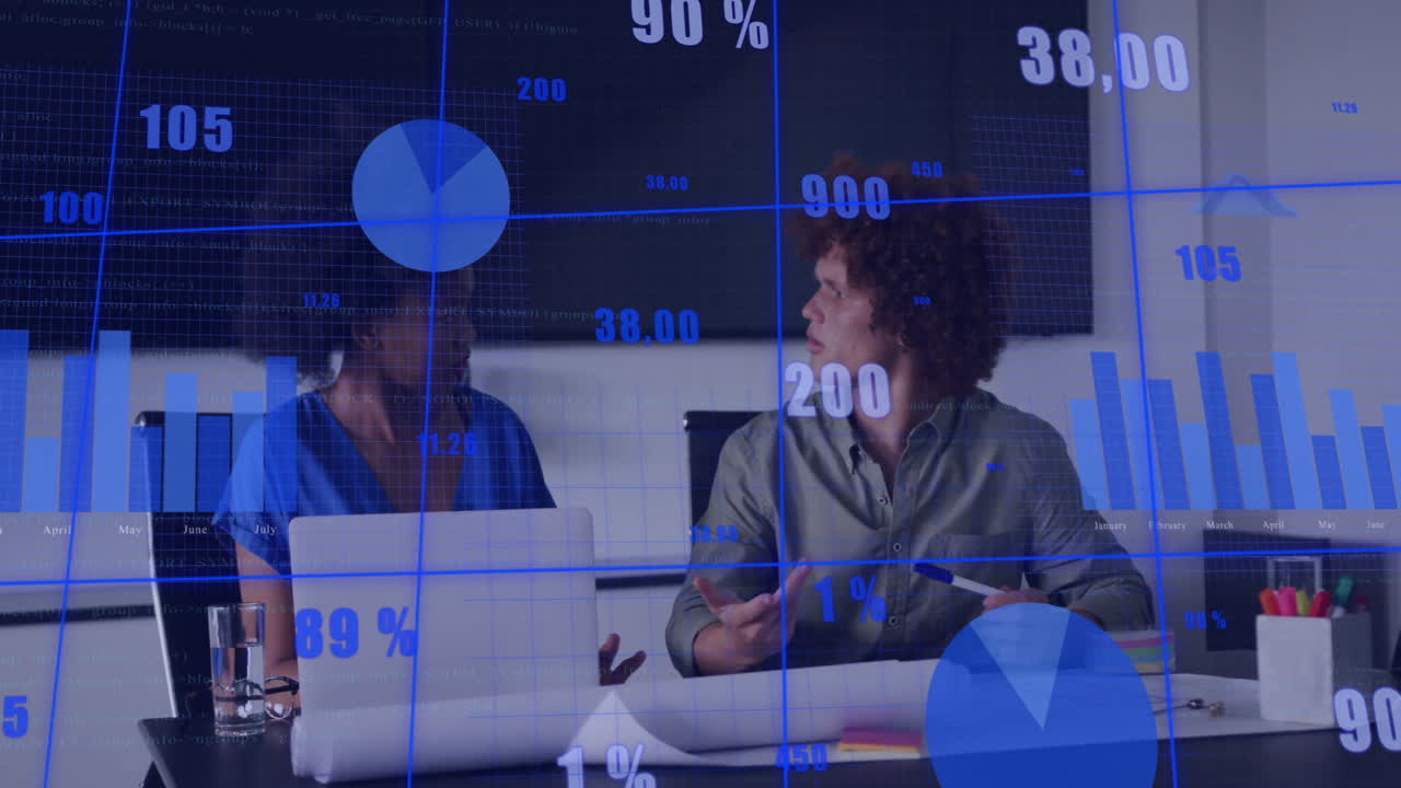 Animation of financial data processing over diverse colleagues discussing work in office