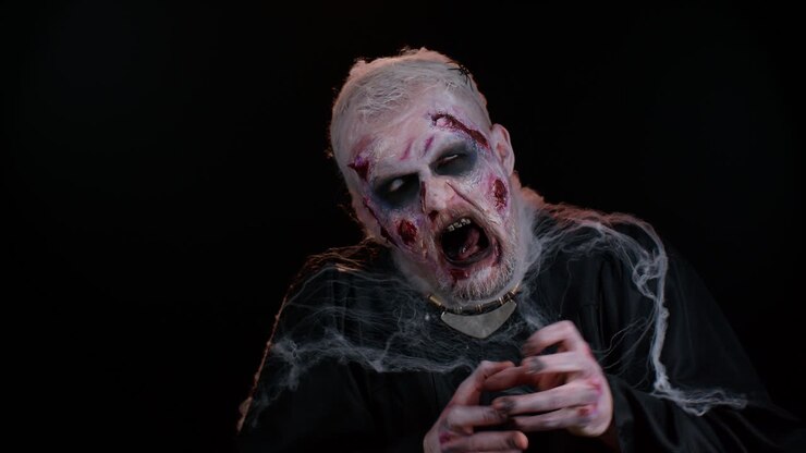 Uomo sinistro con un orribile trucco zombie spaventoso di Halloween in convulsioni che fa le facce per cercare di spaventare