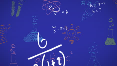 animation of mathematical equations, chemistry and physics drawings over blue background