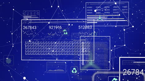 animation of digital icons and interface with data processing against network of connections